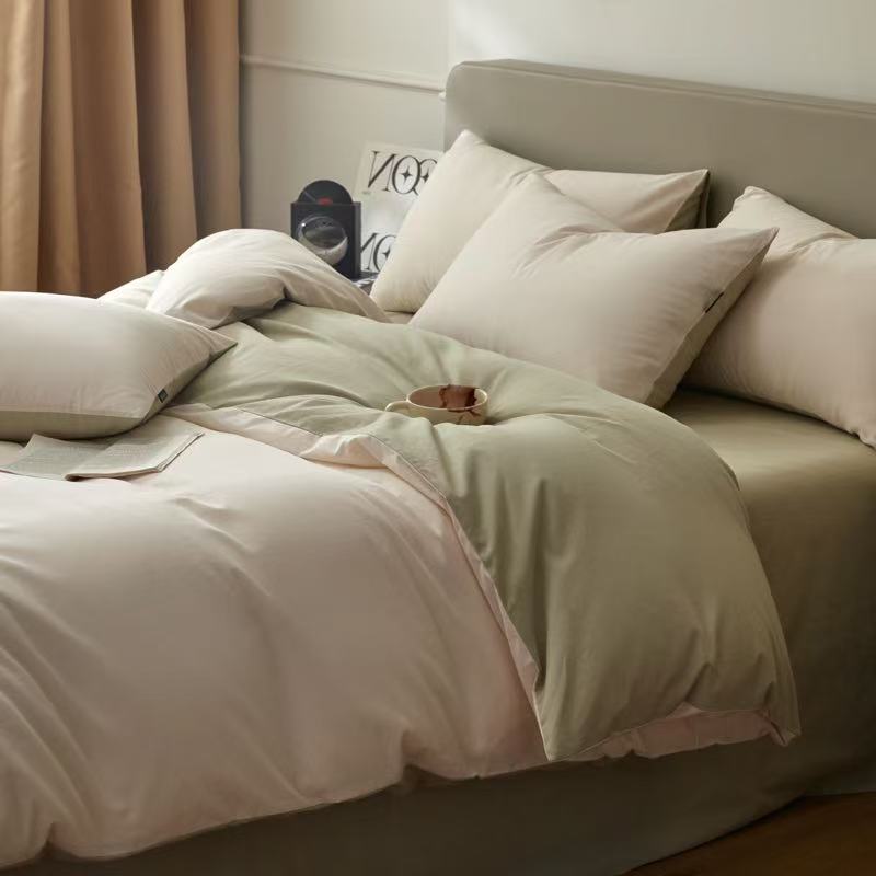 Linge de lit 3 pièces flanelle - Beige / Vert