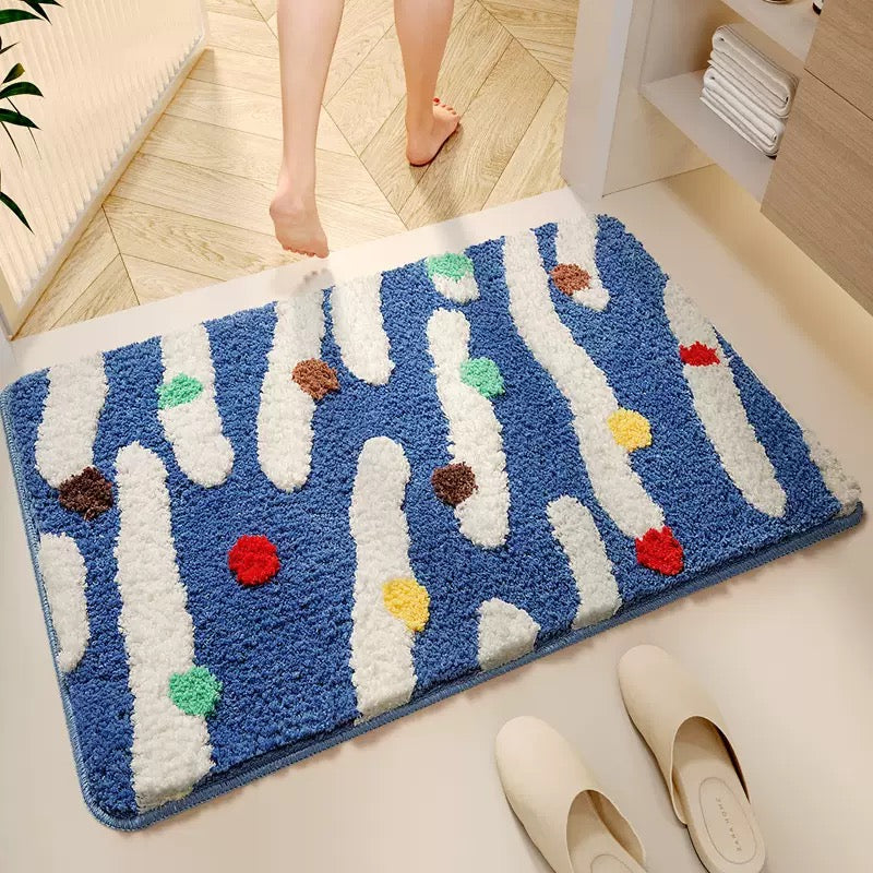Tapis de bain floqué - Rayé et à pois bleus